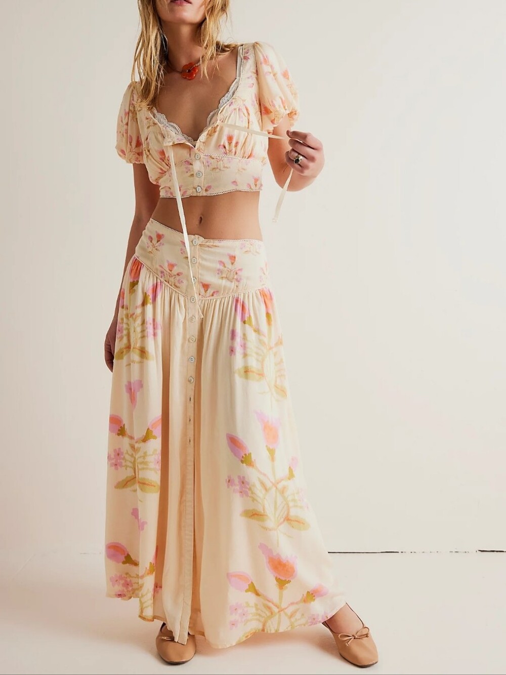 Free People Set Easy To Love  Floral Cream Maxi Skirt with Button Front And Top